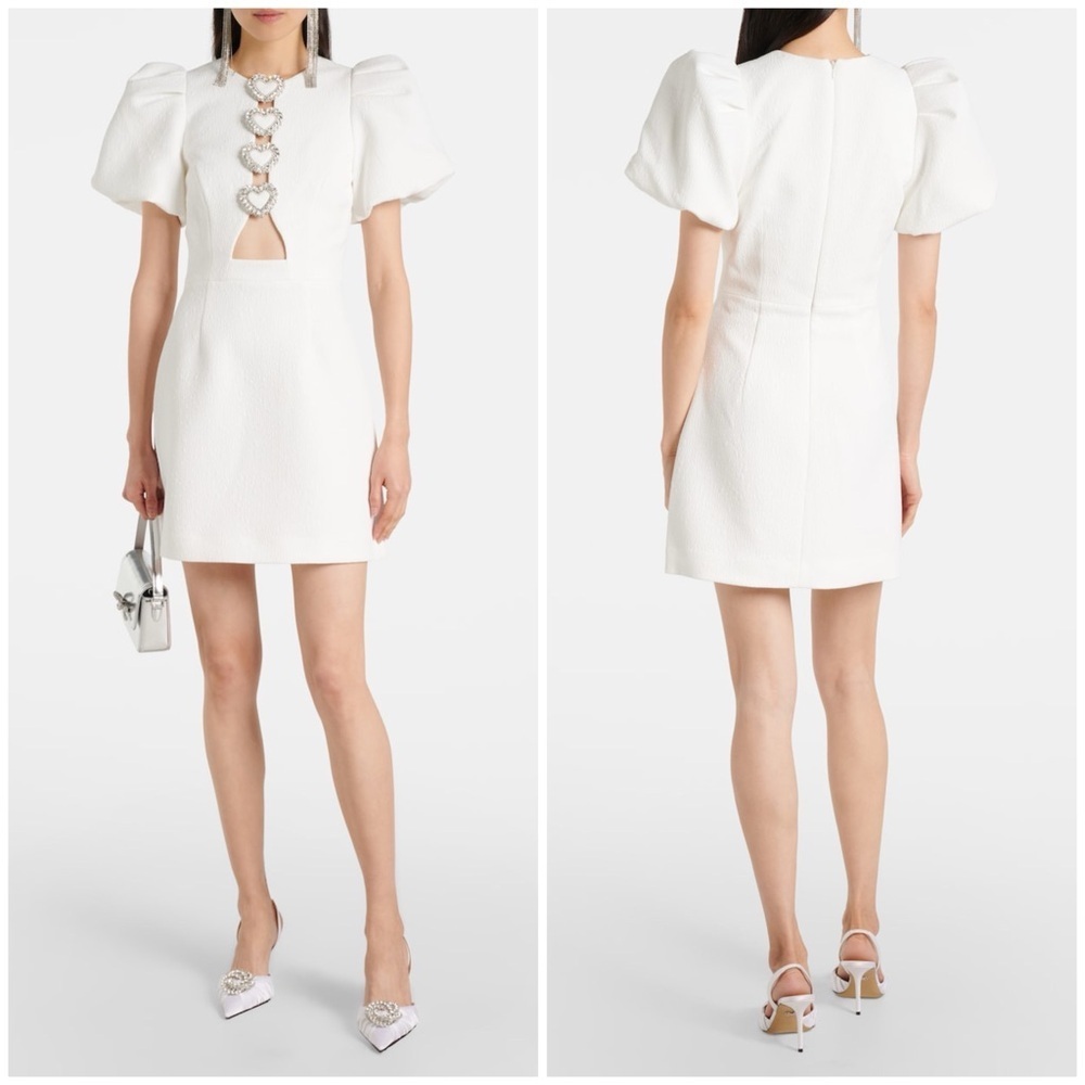 Rebecca Vallance Alicia Embellished Mini Dress Crystal Heart Cut Out Puff Sleeve